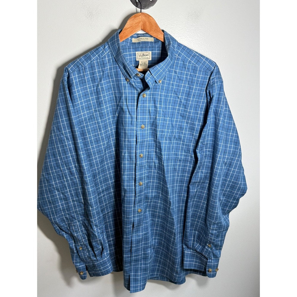 LL Bean Wrinkle Free Traditional Fit Blue Plaid Button Down Shirt Mens XL-REG